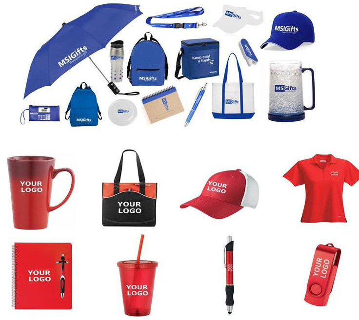 Branded merchandise including mugs, apparel and promotional items illustration