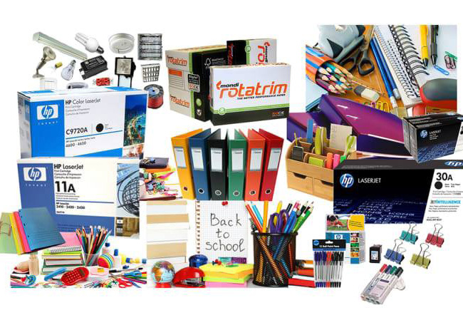 Office supplies, safety equipment and industrial tools illustration